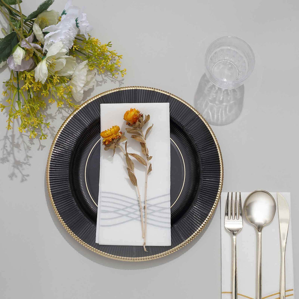 25-Pack Paper 10" Round Dinner Plates in Black Sunray Design with Gold Rim - Disposable Heavy Duty 350GSM Party Plates for Banquets & Celebrations