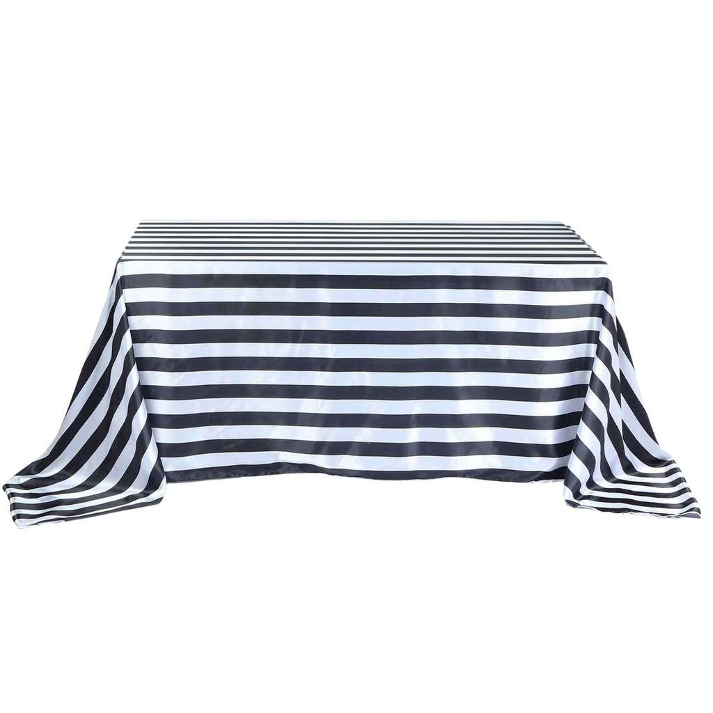 Satin 90"x156" Rectangle Tablecloth Black/White - Stripe Design with Seamless Finish Table Cover