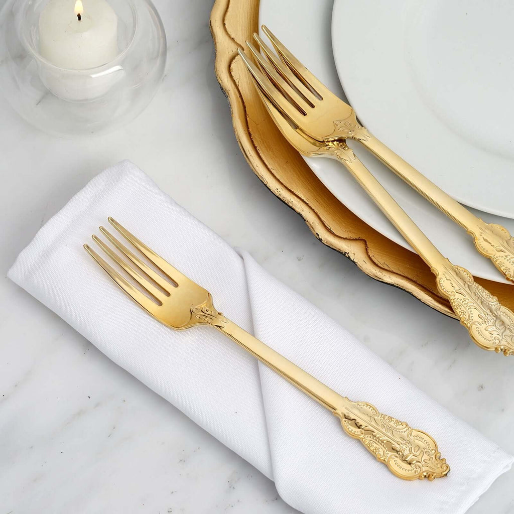 24-Pack Plastic Forks Baroque Style Metallic Gold - Heavy Duty Disposable Silverware 8"