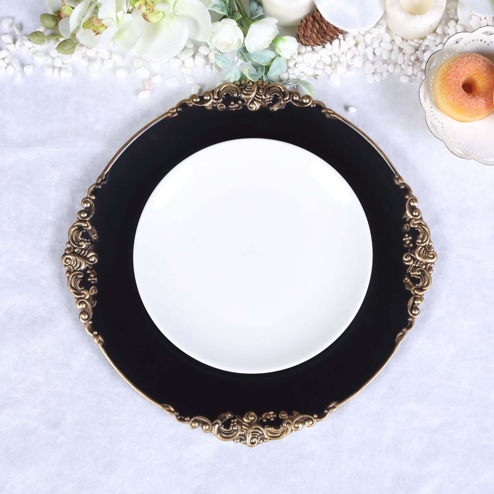 6-Pack Acrylic Round Charger Plates 13" in Matte Black with Gold Embossed Baroque Rim, Antique Decorative Dinner Party Charger Tableware