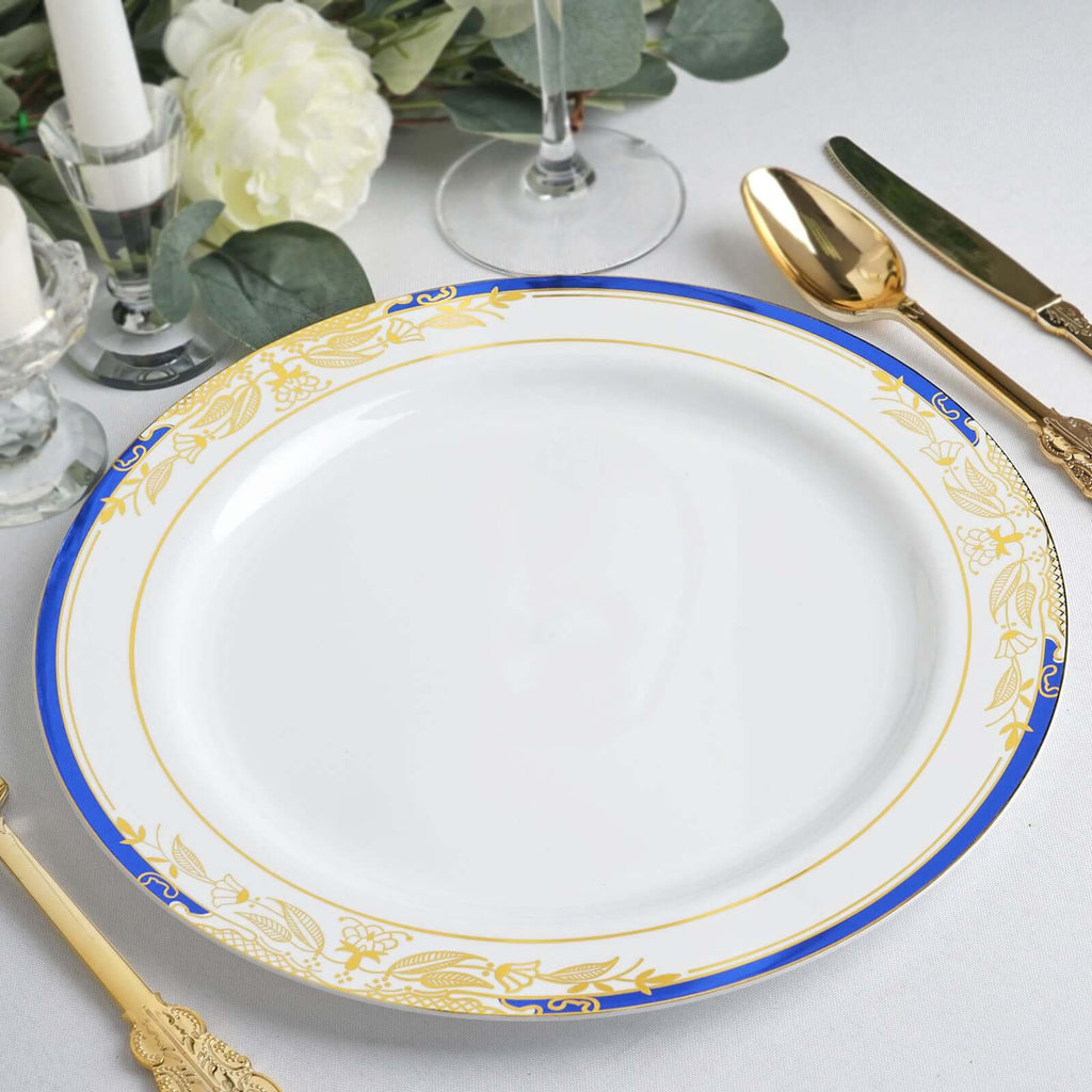 10-Pack Plastic 10" Round Dinner Plates in White with Royal Blue Rim - Stylish Gold Vine Design Disposable Party Plates for Special Occasions & Celebrations