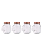 4-Pack Glass Mason Jars Rustic Design Clear with Handles and Rose Gold Screw-On Lids - Trendy Containers for Drinks & Events 4oz