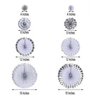 Set of 8 Silver White Hanging Paper Fan Decorations, Pinwheel Wall Backdrop Party Kit - 4", 8", 12", 16"