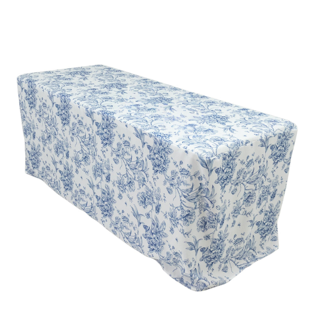 French Toile Fitted Tablecloth 6ft â€“ Blue & White Rectangular Polyester Wrinkle - Resistant Table Cover - Bell Racket Store