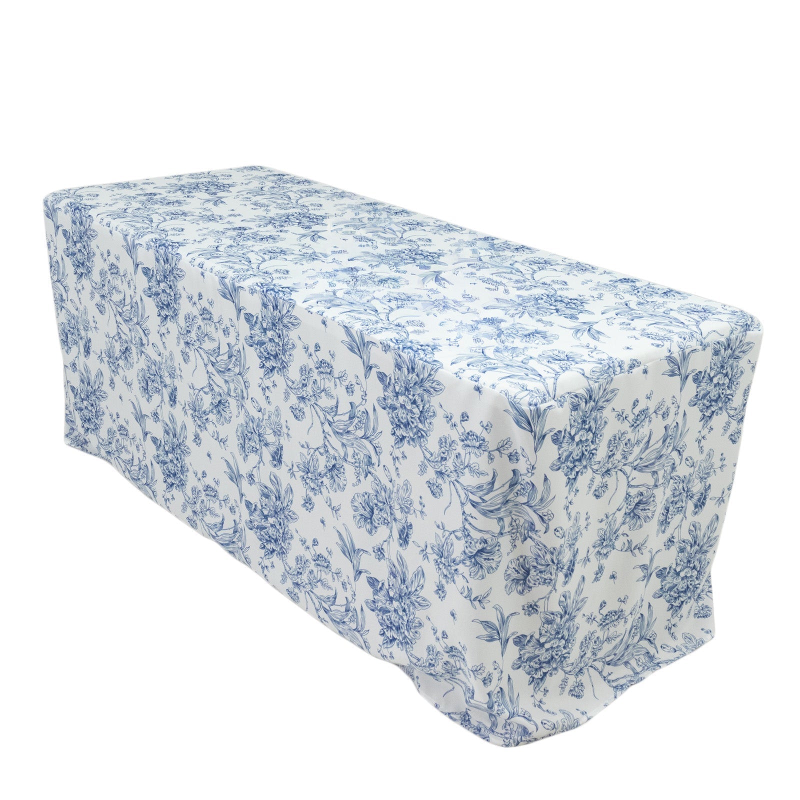 French Toile Fitted Tablecloth 6ft â€“ Blue & White Rectangular Polyester Wrinkle - Resistant Table Cover - Bell Racket Store