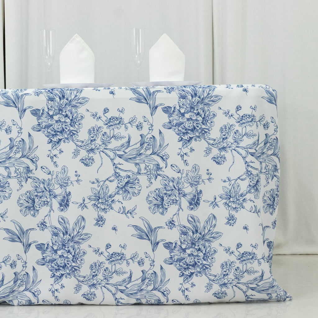 French Toile Fitted Tablecloth 6ft â€“ Blue & White Rectangular Polyester Wrinkle - Resistant Table Cover - Bell Racket Store