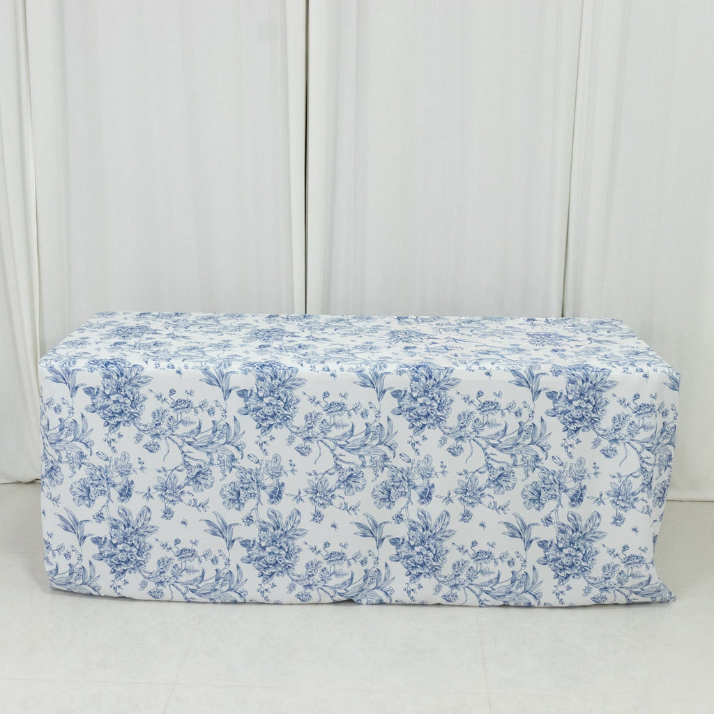 French Toile Fitted Tablecloth 6ft â€“ Blue & White Rectangular Polyester Wrinkle - Resistant Table Cover - Bell Racket Store