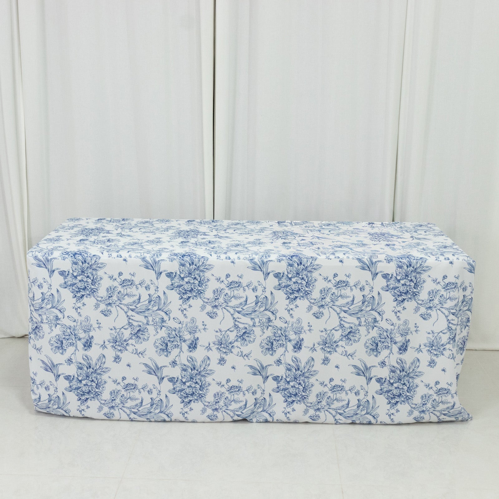 French Toile Fitted Tablecloth 6ft â€“ Blue & White Rectangular Polyester Wrinkle - Resistant Table Cover - Bell Racket Store