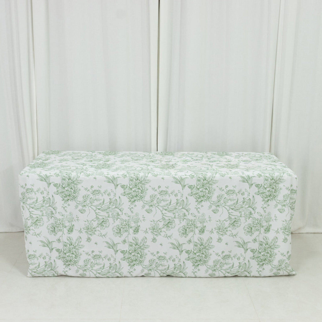 French Toile Fitted Tablecloth 6ft â€“ Dusty Sage Green & White Rectangular Polyester Wrinkle - Resistant Table Cover - Bell Racket Store