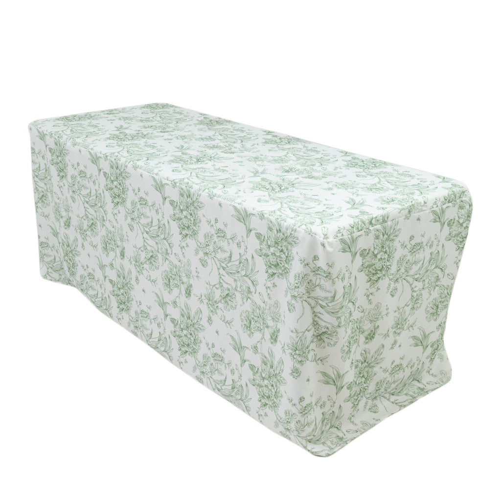 French Toile Fitted Tablecloth 6ft â€“ Dusty Sage Green & White Rectangular Polyester Wrinkle - Resistant Table Cover - Bell Racket Store