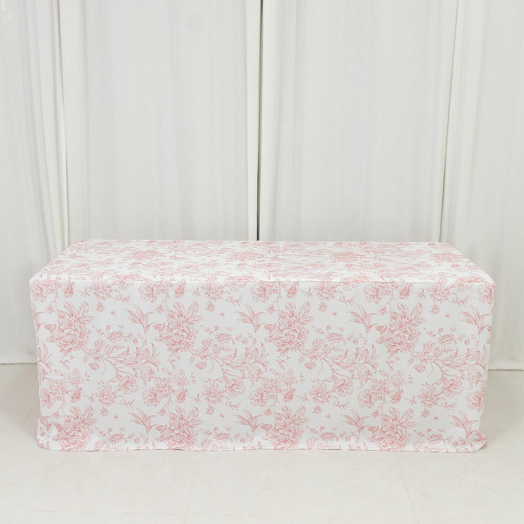 French Toile Fitted Tablecloth 6ft â€“ Pink & White Rectangular Polyester Wrinkle - Resistant Table Cover - Bell Racket Store