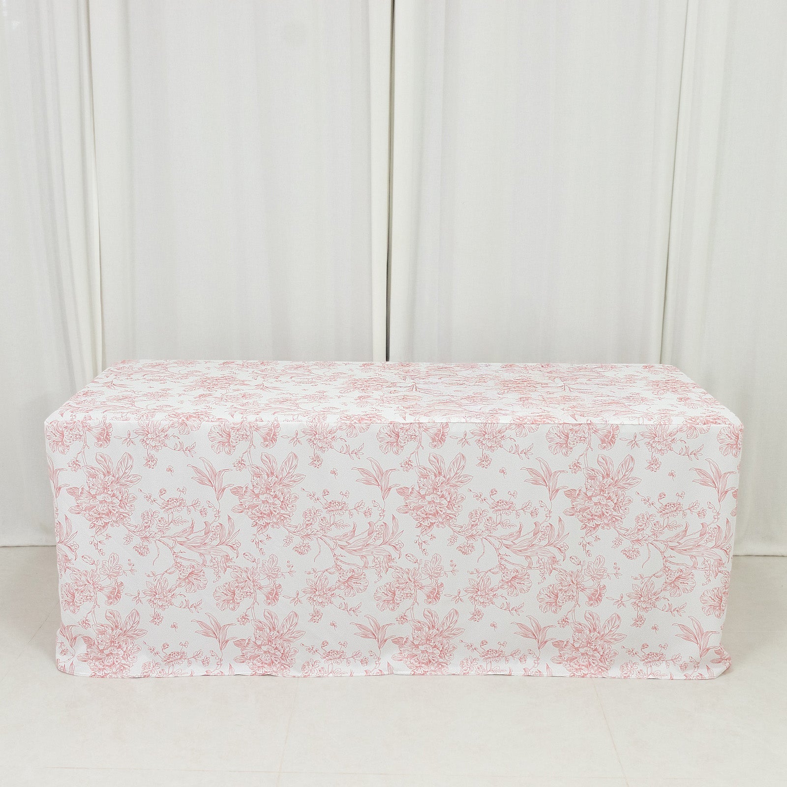 French Toile Fitted Tablecloth 6ft â€“ Pink & White Rectangular Polyester Wrinkle - Resistant Table Cover - Bell Racket Store