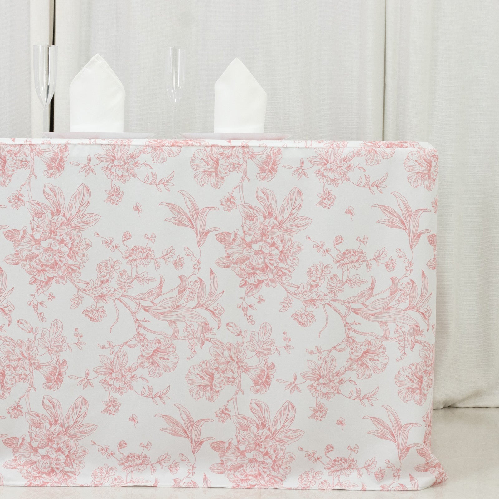 French Toile Fitted Tablecloth 6ft â€“ Pink & White Rectangular Polyester Wrinkle - Resistant Table Cover - Bell Racket Store