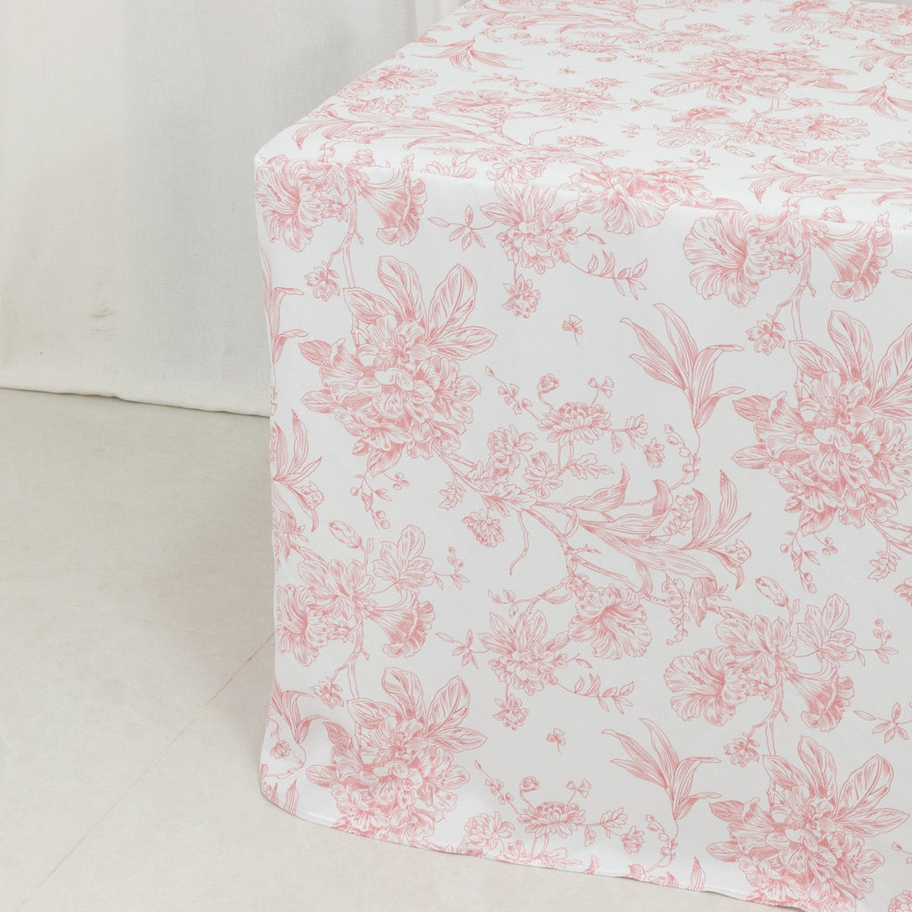 French Toile Fitted Tablecloth 6ft â€“ Pink & White Rectangular Polyester Wrinkle - Resistant Table Cover - Bell Racket Store