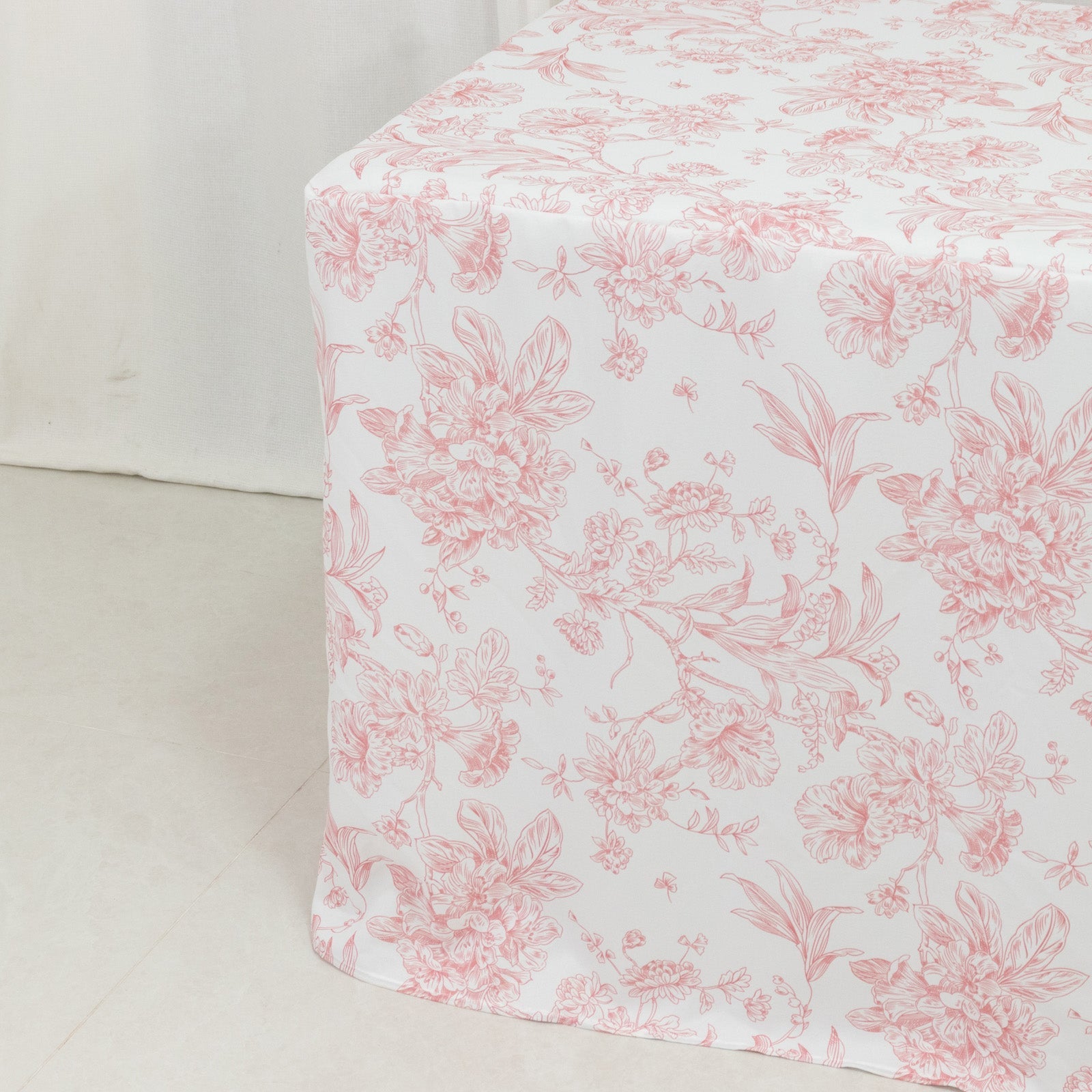 French Toile Fitted Tablecloth 6ft â€“ Pink & White Rectangular Polyester Wrinkle - Resistant Table Cover - Bell Racket Store