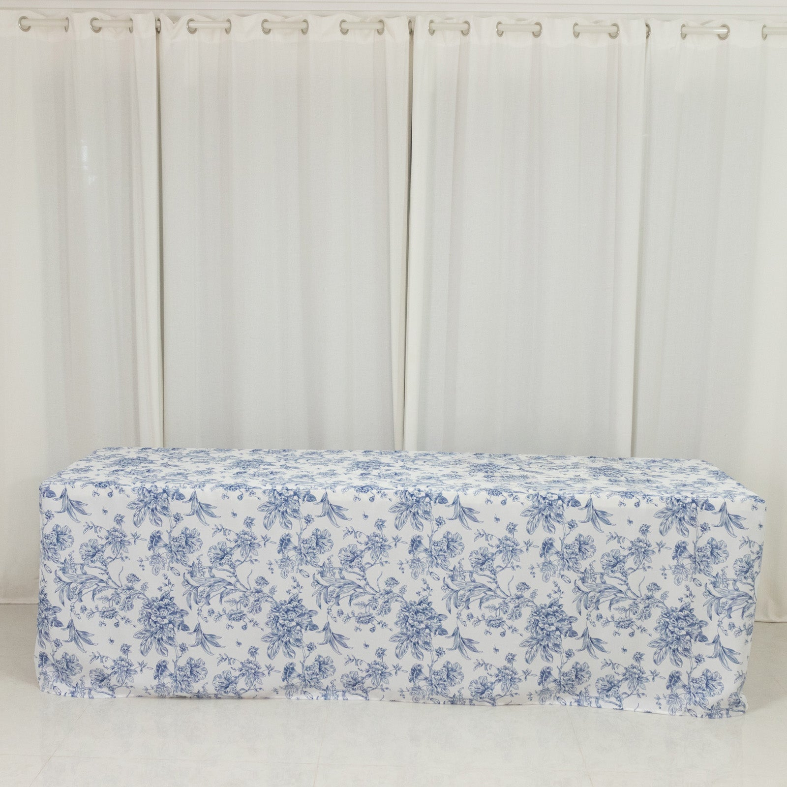French Toile Fitted Tablecloth 8ft â€“ Blue & White Rectangular Polyester Wrinkle - Resistant Table Cover - Bell Racket Store