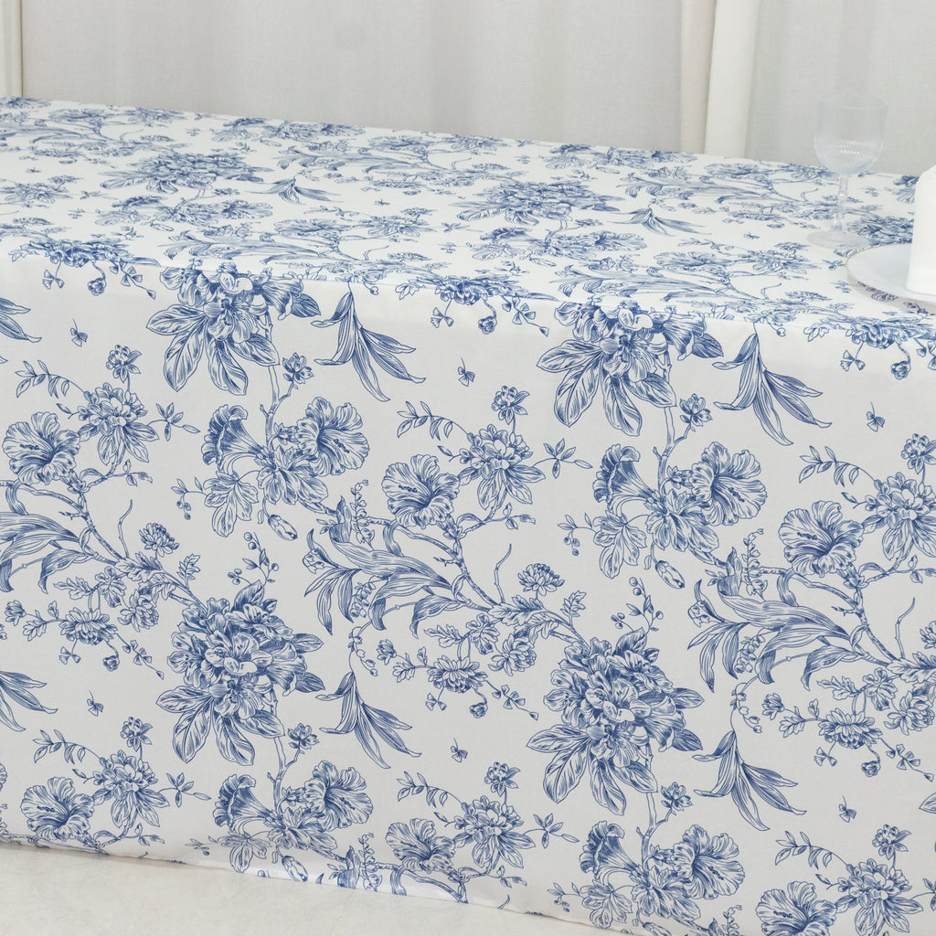 French Toile Fitted Tablecloth 8ft â€“ Blue & White Rectangular Polyester Wrinkle - Resistant Table Cover - Bell Racket Store