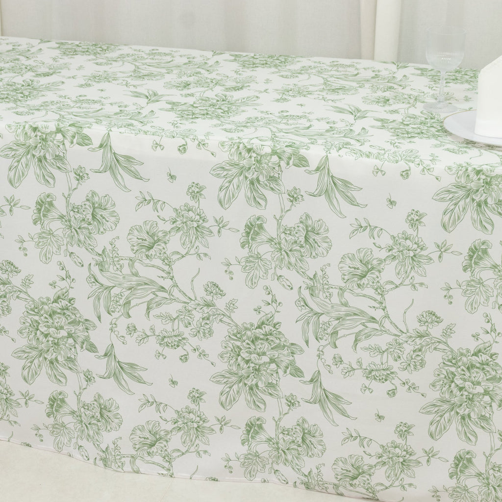 French Toile Fitted Tablecloth 8ft â€“ Dusty Sage Green & White Rectangular Polyester Wrinkle - Resistant Table Cover - Bell Racket Store