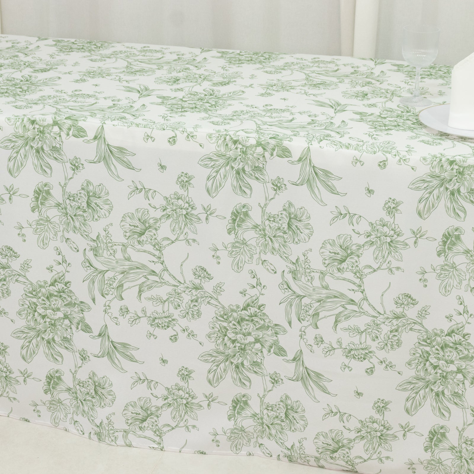 French Toile Fitted Tablecloth 8ft â€“ Dusty Sage Green & White Rectangular Polyester Wrinkle - Resistant Table Cover - Bell Racket Store
