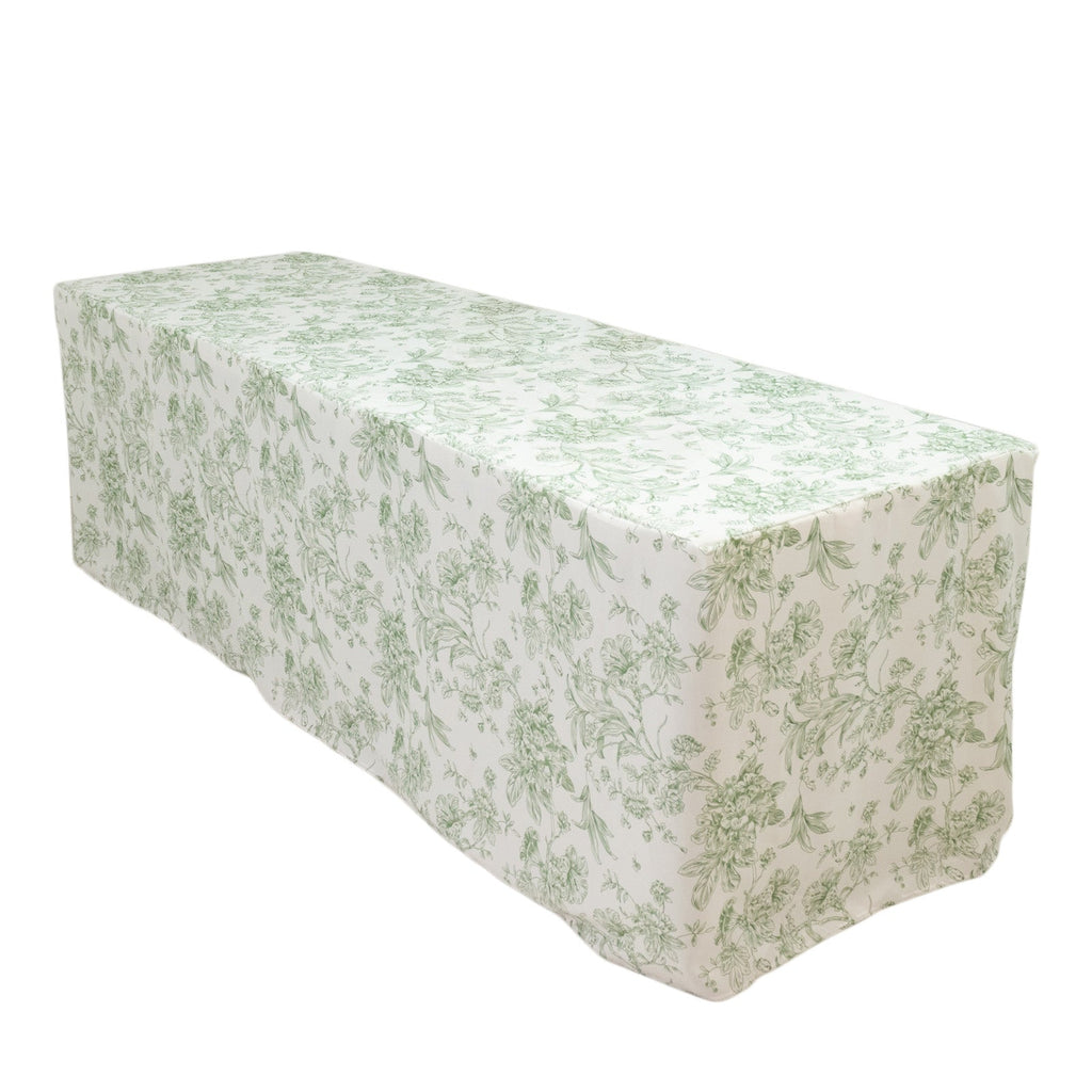 French Toile Fitted Tablecloth 8ft â€“ Dusty Sage Green & White Rectangular Polyester Wrinkle - Resistant Table Cover - Bell Racket Store