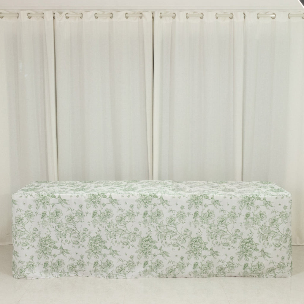 French Toile Fitted Tablecloth 8ft â€“ Dusty Sage Green & White Rectangular Polyester Wrinkle - Resistant Table Cover - Bell Racket Store