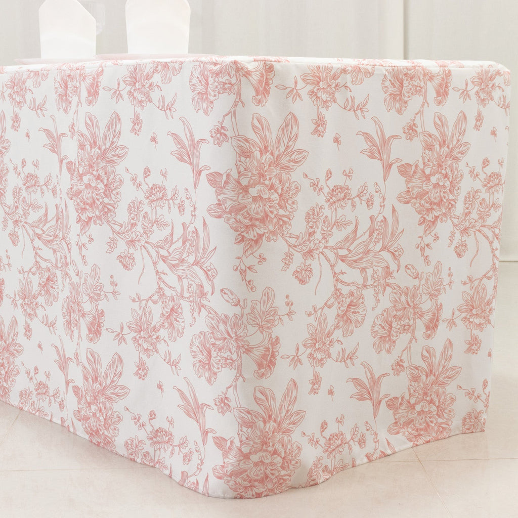 French Toile Fitted Tablecloth 8ft â€“ Pink & White Rectangular Polyester Wrinkle - Resistant Table Cover - Bell Racket Store