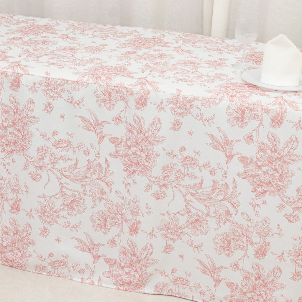 French Toile Fitted Tablecloth 8ft â€“ Pink & White Rectangular Polyester Wrinkle - Resistant Table Cover - Bell Racket Store
