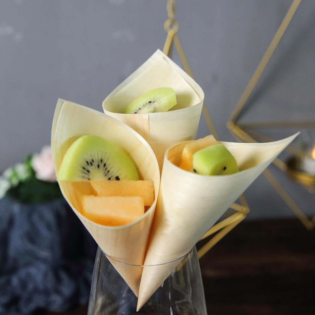 50-Pack Pine Wood Food Cones Eco Friendly Natural Disposable Design - 100% Biodegradable Tasting Serving Cones 6"