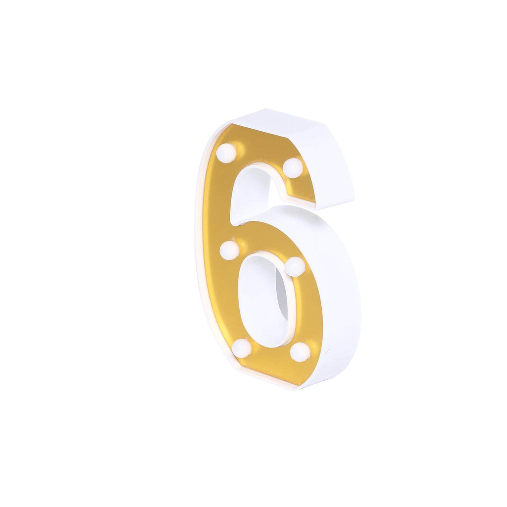 3D Marquee Number "6" Warm White 6 LED Lights Gold - Stylish Light-Up Accent for Events 6"
