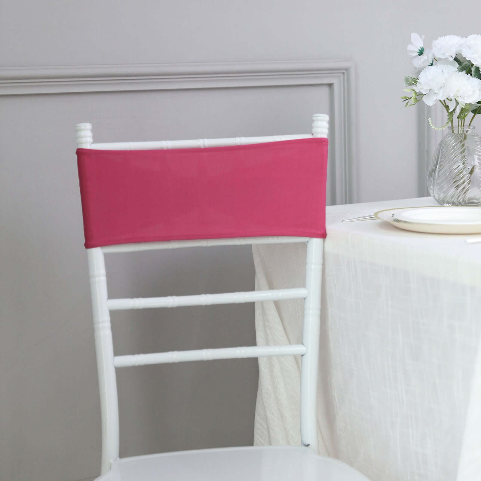 5 Pack Stretch Spandex Chair Sashes Fuchsia - Reusable Chair Bands with Silver Diamond Ring Slide Buckle 5"x14"