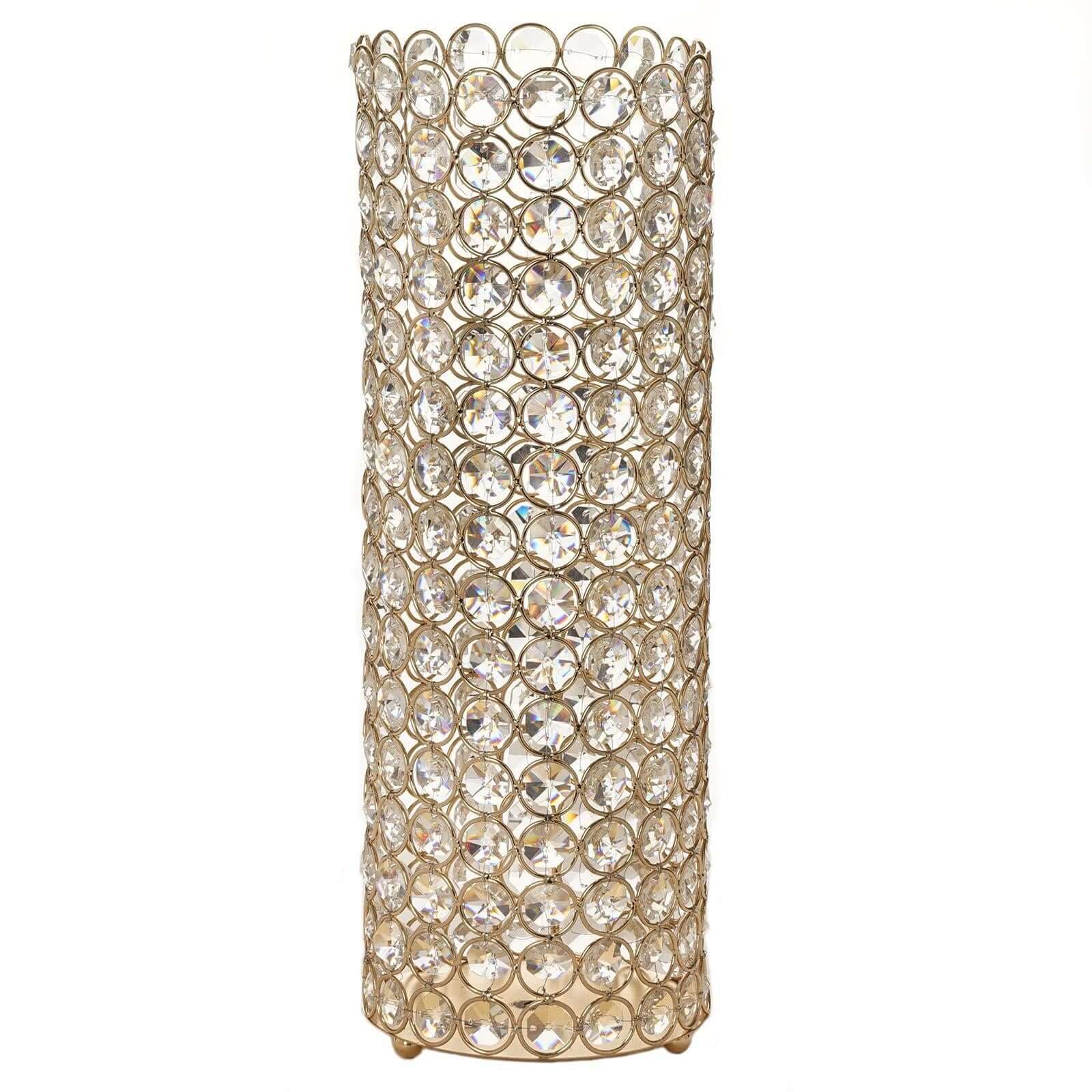 Full Crystal Beaded Candle Holder Shiny Gold Metal - Stylish Pillar Stand for Weddings 16" - NestOCart