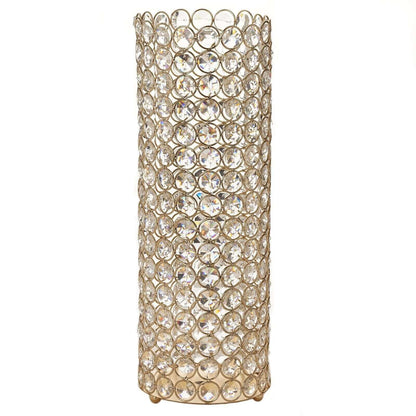 Full Crystal Beaded Candle Holder Shiny Gold Metal - Stylish Pillar Stand for Weddings 16" - NestOCart