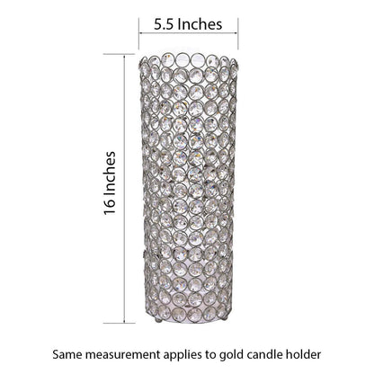 Full Crystal Beaded Candle Holder Shiny Gold Metal - Stylish Pillar Stand for Weddings 16" - NestOCart