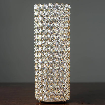 Full Crystal Beaded Candle Holder Shiny Gold Metal - Stylish Pillar Stand for Weddings 16" - NestOCart