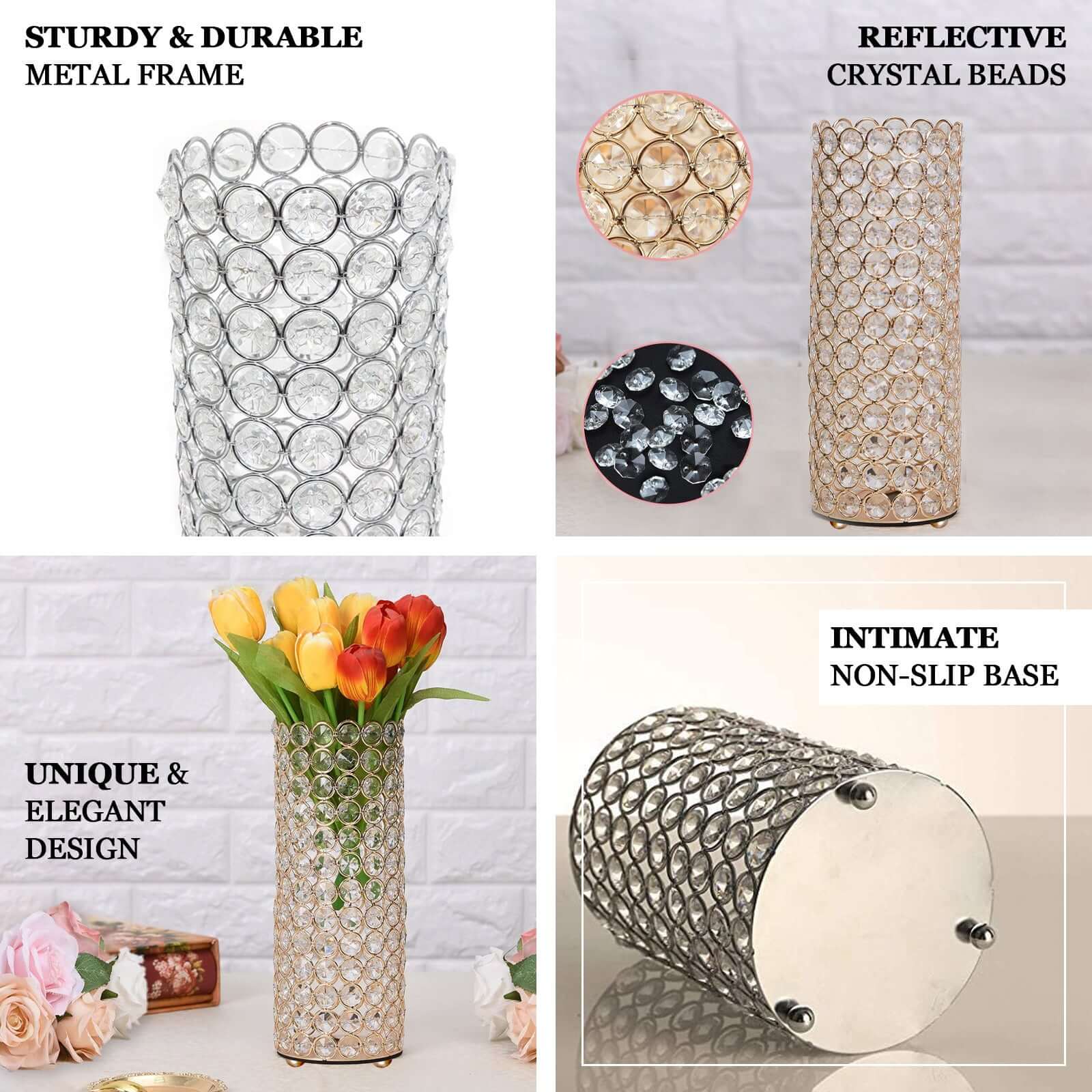 Full Crystal Beaded Candle Holder Shiny Gold Metal - Stylish Pillar Stand for Weddings 16" - NestOCart