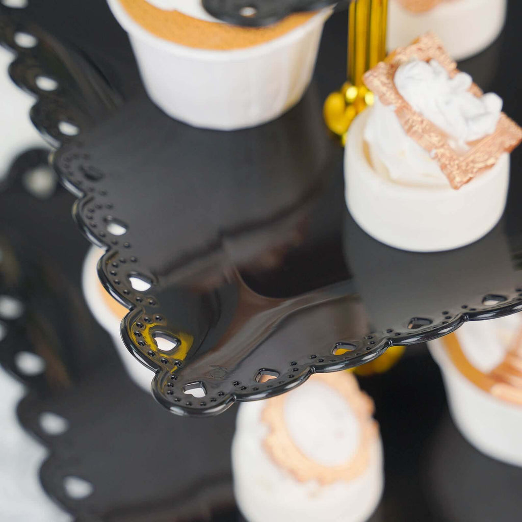 3-Tier Plastic Square Cupcake Stand Tower Black - Charming Disposable Dessert Display Serving Tray Platter with Heart Wavy Edge & Gold Top Handle for Tea Parties Weddings & Special Occasions 13"