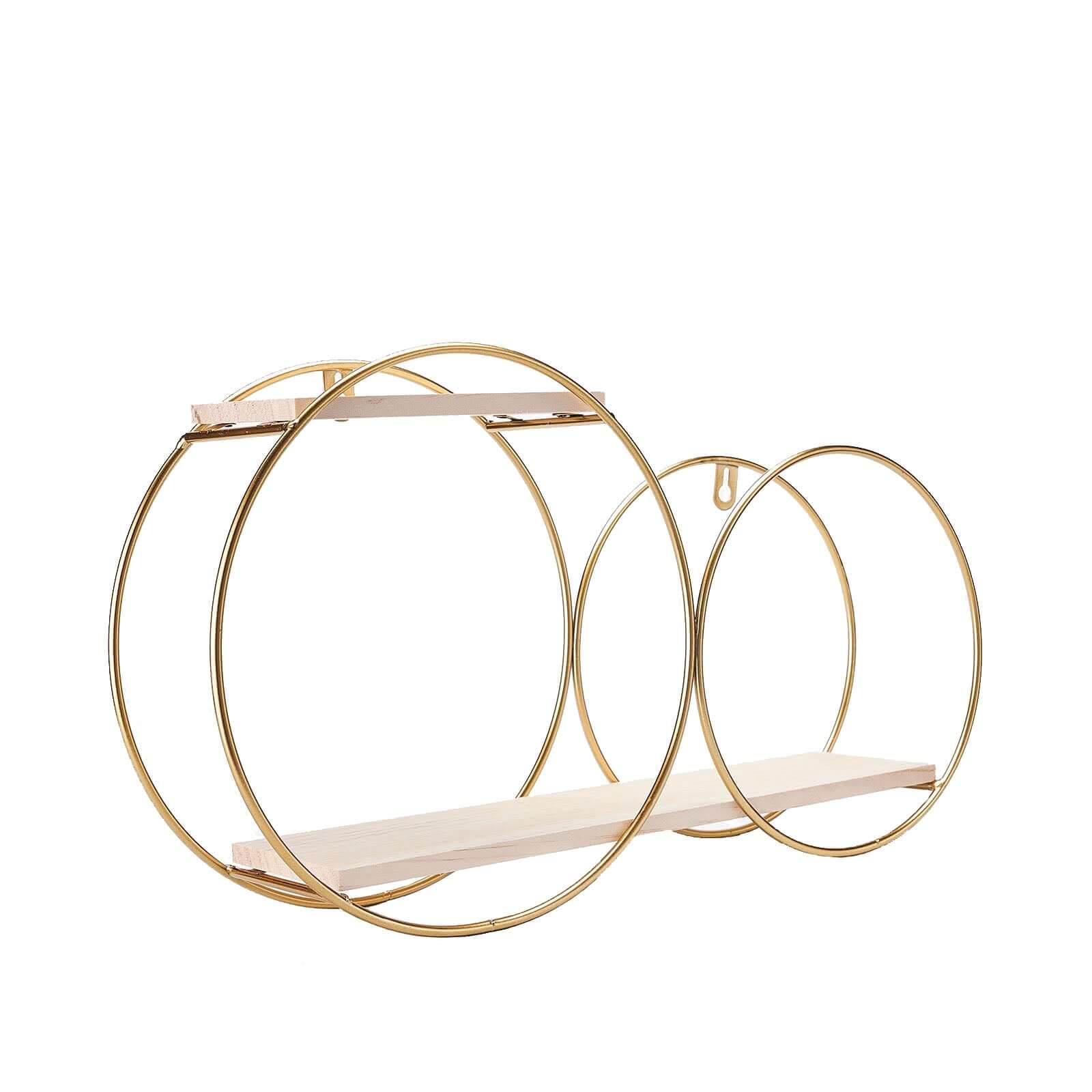 10"x18" 2-Tier Round Floating Shelf, Dessert Display Stand, Hanging Wall Shelf Gold With Double Hoop Design