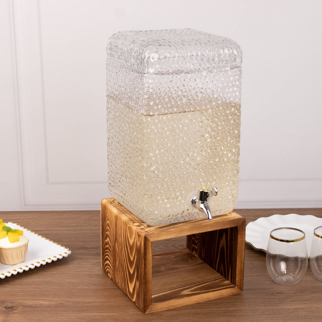Gallon Clear Hammered Glass Beverage Dispenser, Rectangular Juice Jar with Wooden Stand and Lid - Lead - Free Countertop Feature 19" - Bell Racket Store