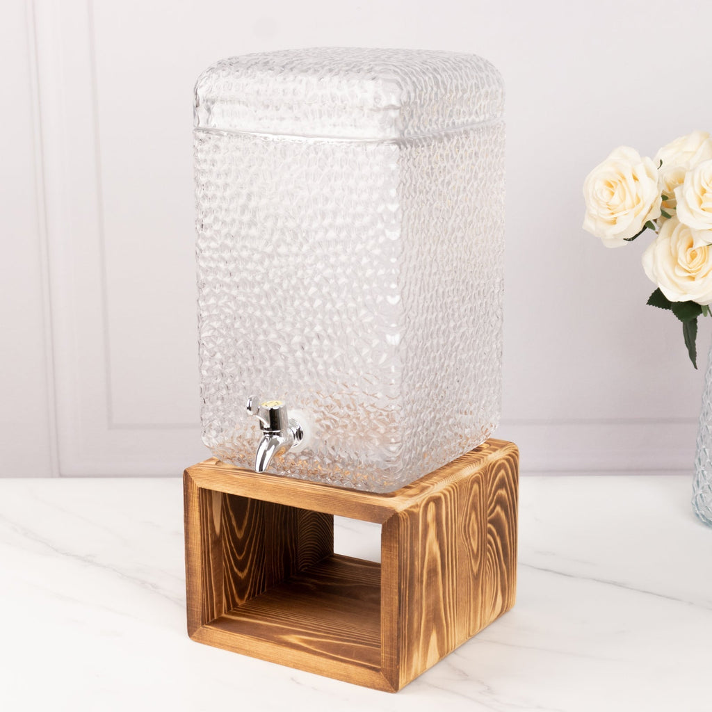 Gallon Clear Hammered Glass Beverage Dispenser, Rectangular Juice Jar with Wooden Stand and Lid - Lead - Free Countertop Feature 19" - Bell Racket Store