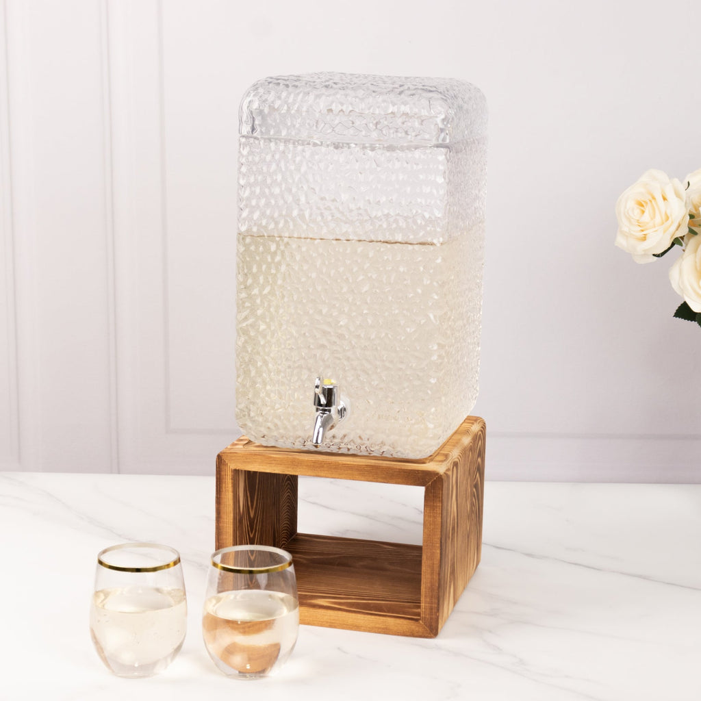 Gallon Clear Hammered Glass Beverage Dispenser, Rectangular Juice Jar with Wooden Stand and Lid - Lead - Free Countertop Feature 19" - Bell Racket Store