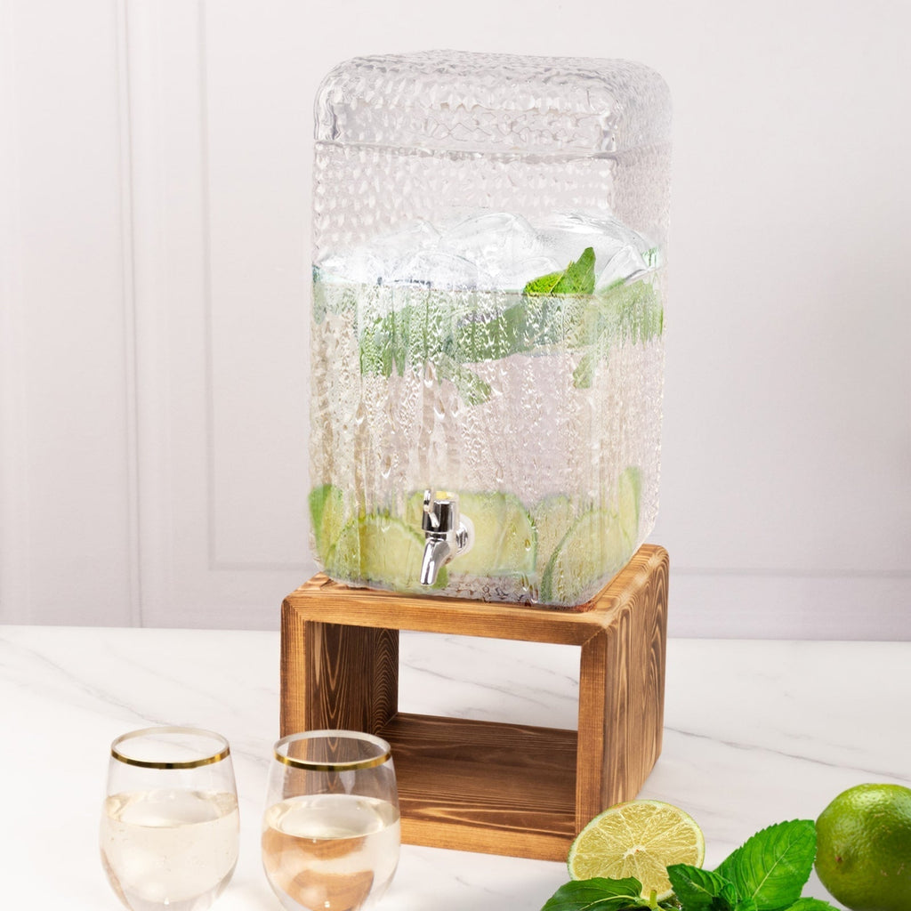 Gallon Clear Hammered Glass Beverage Dispenser, Rectangular Juice Jar with Wooden Stand and Lid - Lead - Free Countertop Feature 19" - Bell Racket Store