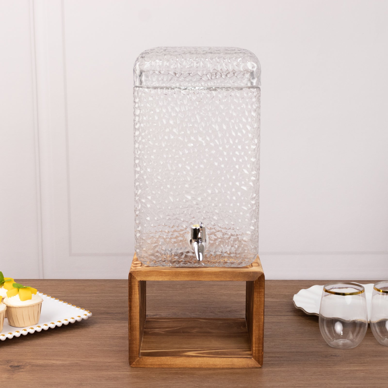 Gallon Clear Hammered Glass Beverage Dispenser, Rectangular Juice Jar with Wooden Stand and Lid - Lead - Free Countertop Feature 19" - Bell Racket Store