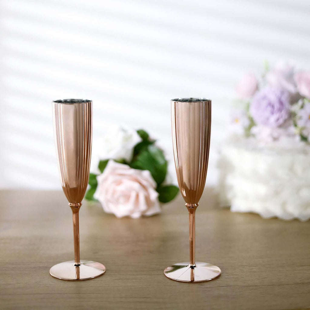 6-Pack Plastic Champagne Flutes in Metallic Rose Gold - Classy Disposable Champagne Glasses for Toasting & Cocktail Parties 5oz