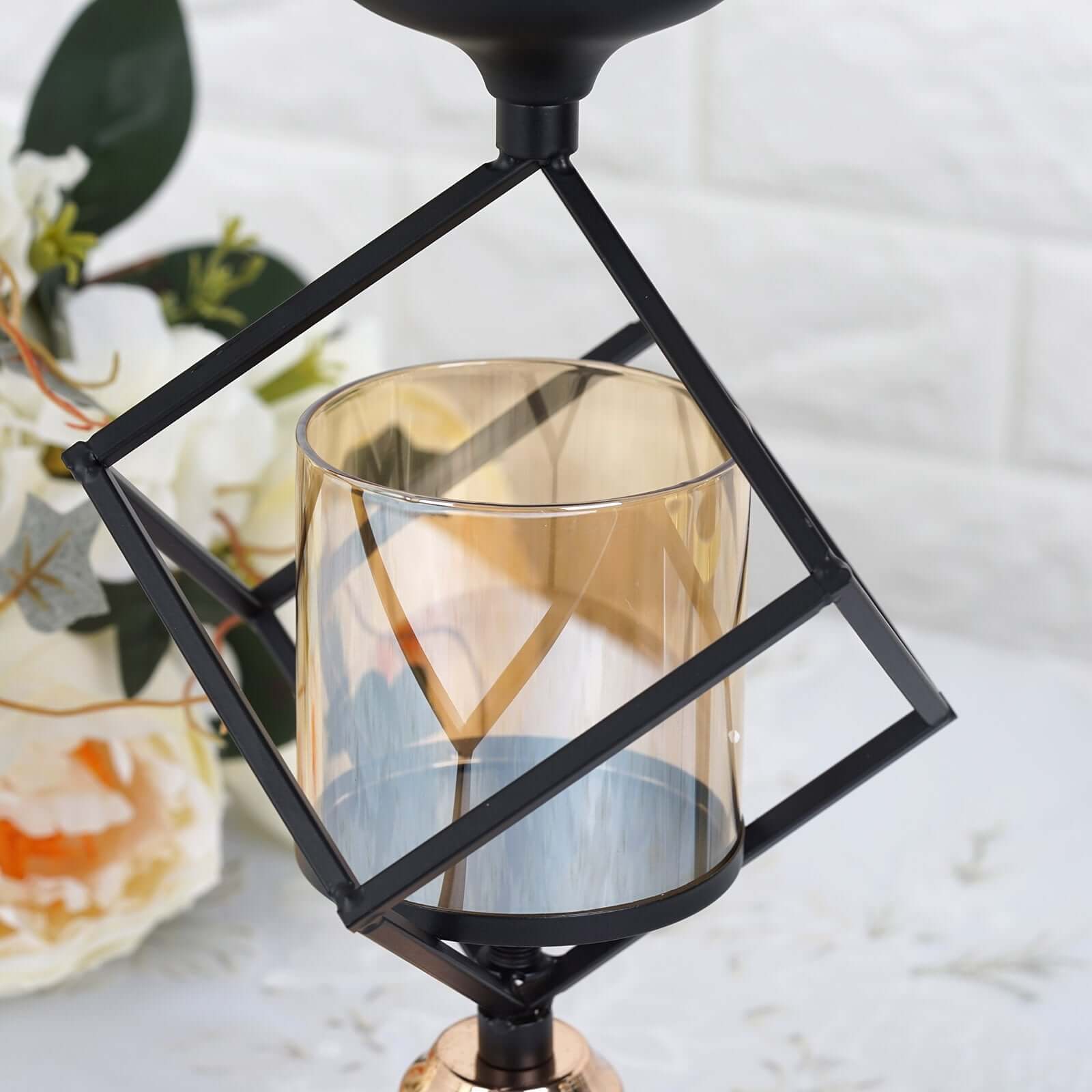 3-Tier Candle Holder Black Geometric Design with Amber Glass Votives & Gold Trim - Modern Decor for Weddings 28" Tall