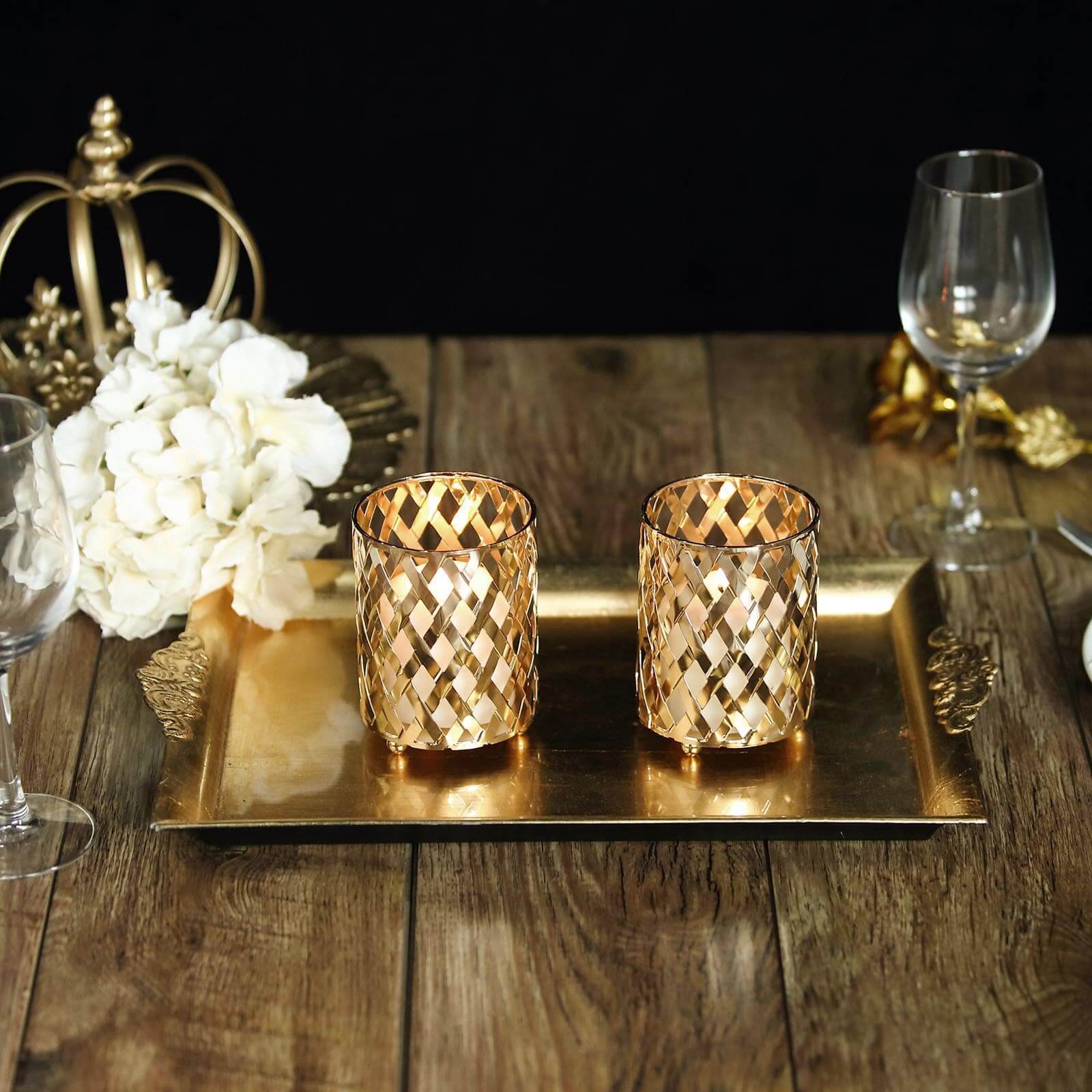 2-Pack Votive Candle Holders Gold Metal Diamond Cut Geometric Design - Perfect for Home DÃ©cor and Events 4"