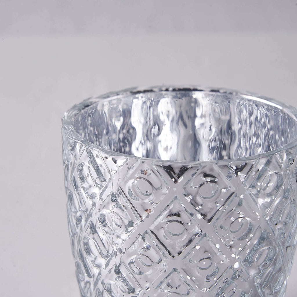 6-Pack Mercury Glass Votive Candle Holders Metallic Silver with Assorted Geometric Designs - Tealight Holders 3"