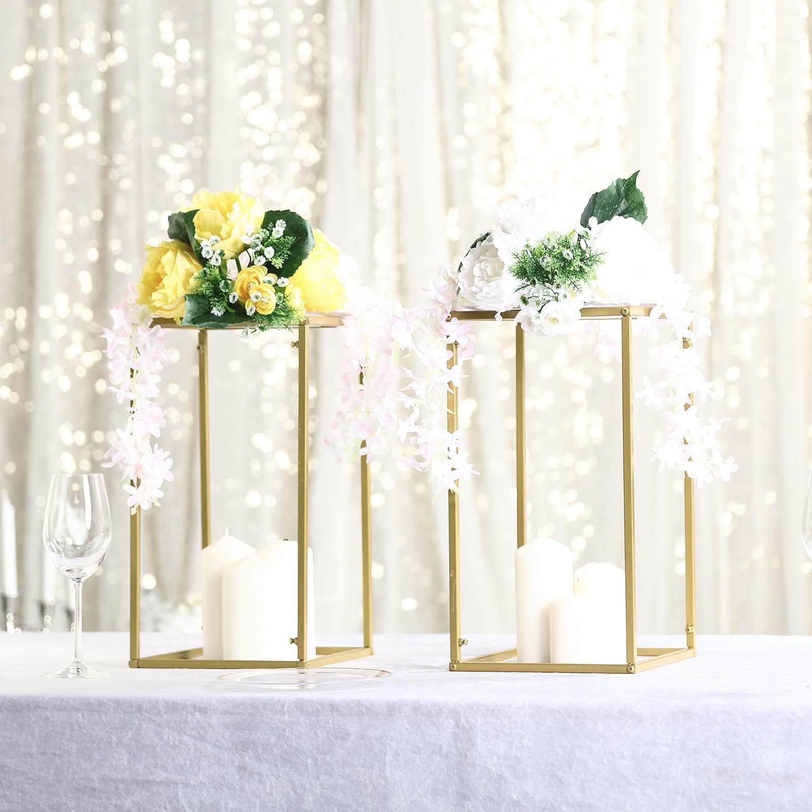 2-Pack Wedding Flower Stand Gold Metal Geometric Column Frame Rectangular - Versatile Floral Pedestal for Sophisticated Arrangements 16"