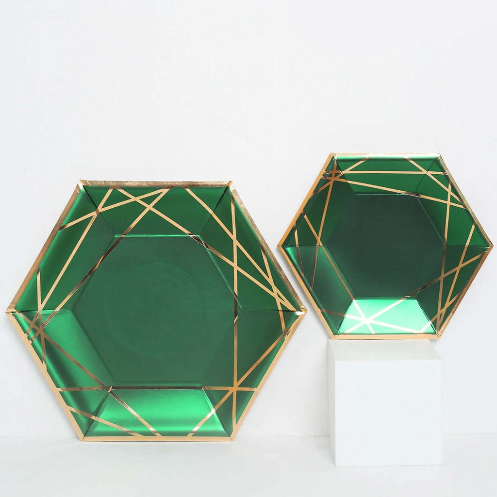 25-Pack Paper 7" Hexagon Dessert Plates in Hunter Emerald Green with Gold Geometric Lines & Rim - Stylish Disposable Geometric 300GSM Appetizer Salad Plates