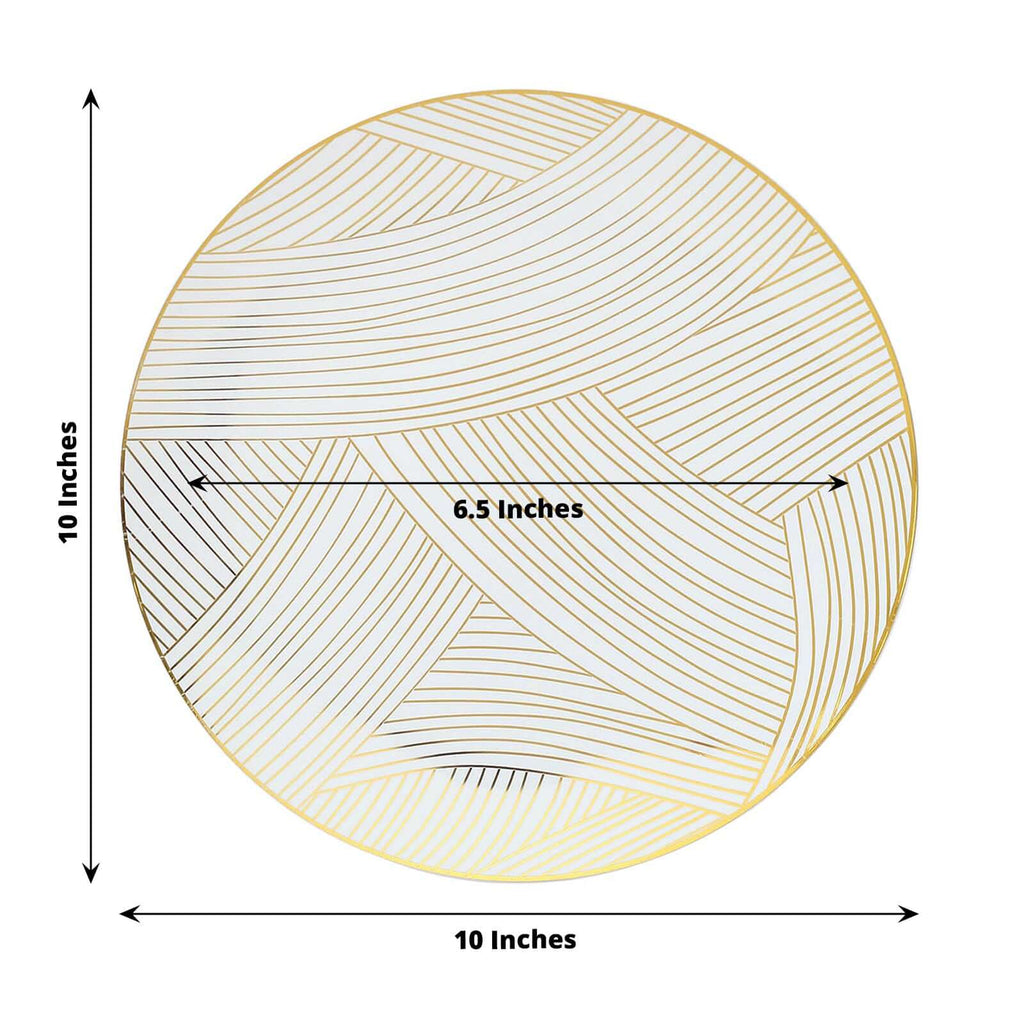 10-Pack Plastic 10" Round Dinner Plates in White with Gold Wave Brush Strokes Pattern - Disposable Party Plates for Modern & Classy Table Decor