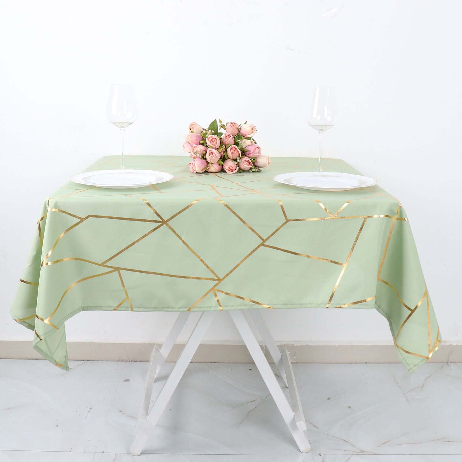 Polyester 54"x54" Square Tablecloth Sage Green with Gold Foil Geometric Pattern - Wrinkle-Resistant & Durable for Stylish Settings